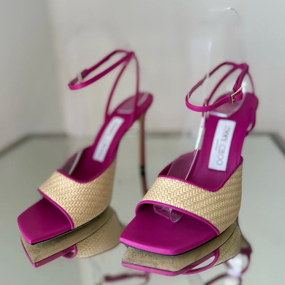 Like new JIMMY CHOO Zula 100 leather-trimmed raffia sandals 36.5 $925